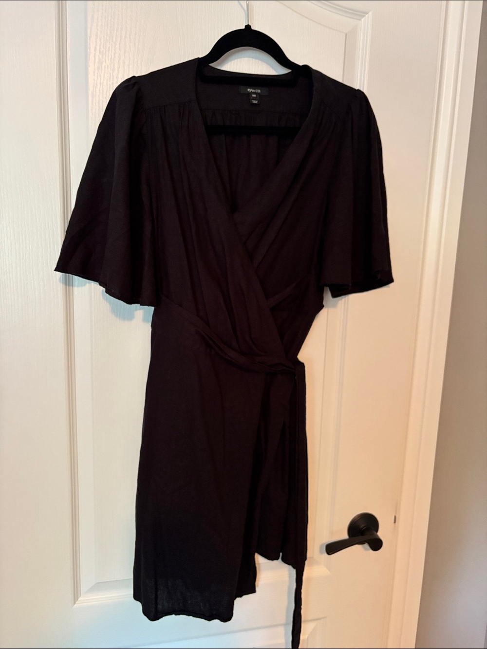 RW&CO. Black Wrap Mini Dress with Flutter Sleeves
